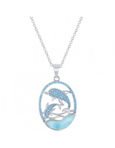 Caribbean Treasures Women's Pendant - Silver Blue CZ Dolphins and Larimar | K-8294 Toutes les collections ici